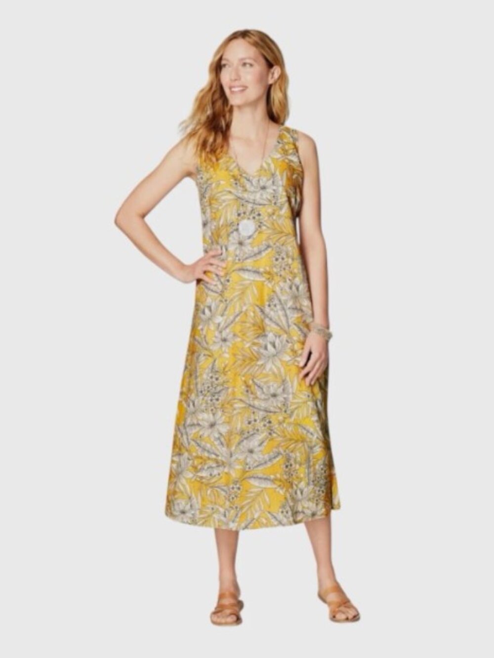 J.Jill Love Linen Dress Yellow Floral Sleeveless A-Line Midi Dress Pockets Sz S